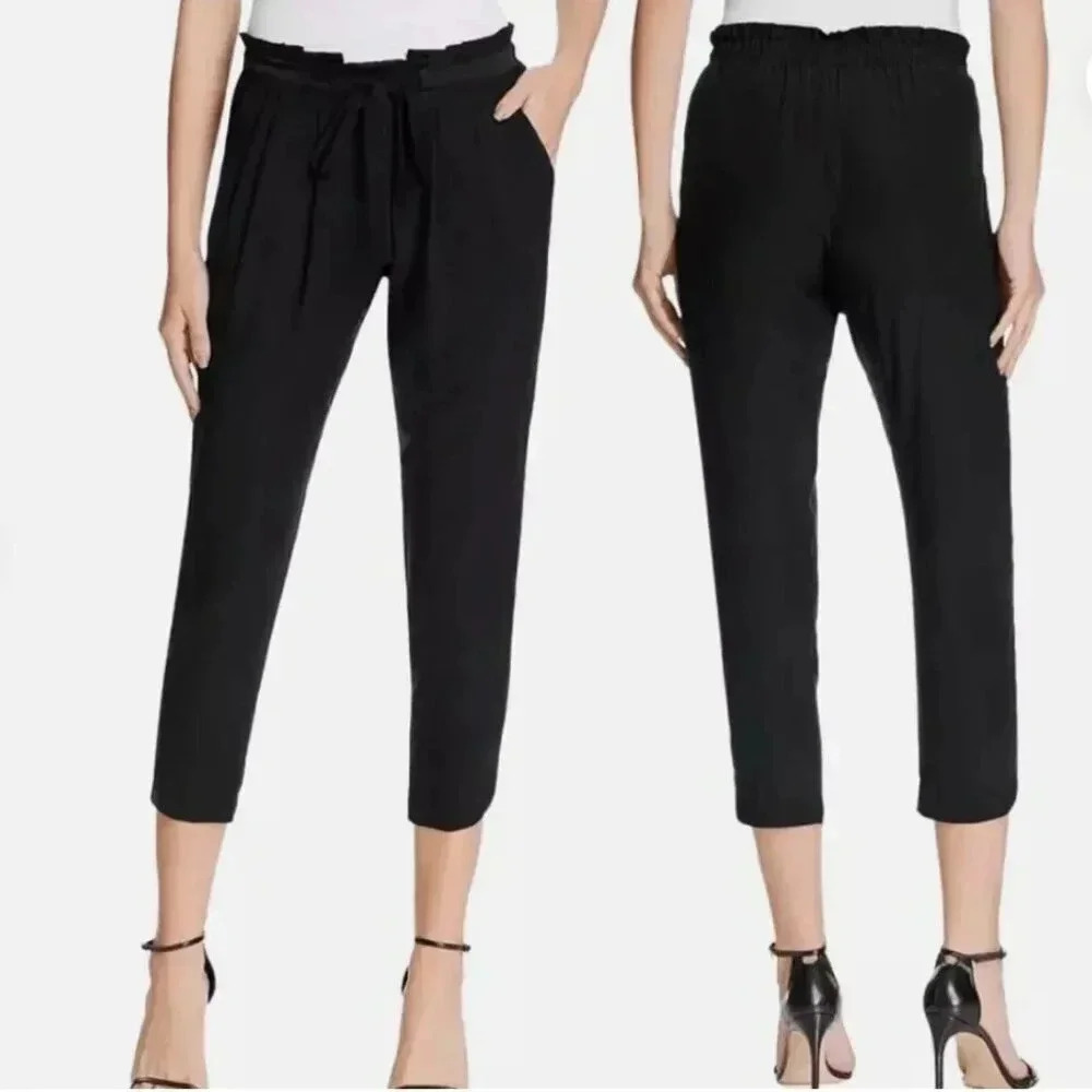 Ramy Brook Allyn Silk Pants Stretch Cropped Paperbag Tie Waist Satin Black Small